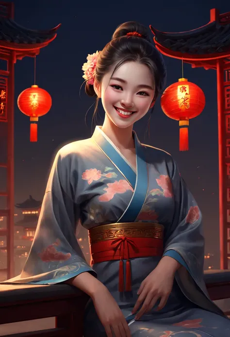 smile lady, 22yo, night, chinese style, (best quality, masterpiece, Representative work, official art, Professional, 8k)