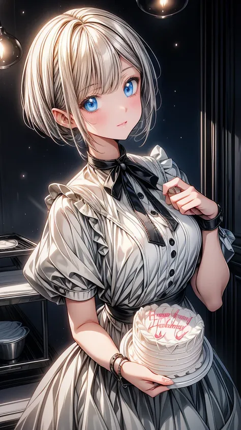 (masterpiece),1 girl with white bob cut hair and right bags side hair,blue eyes,open mouth,slightly blush,night room background,happy,hold a birthday cake.