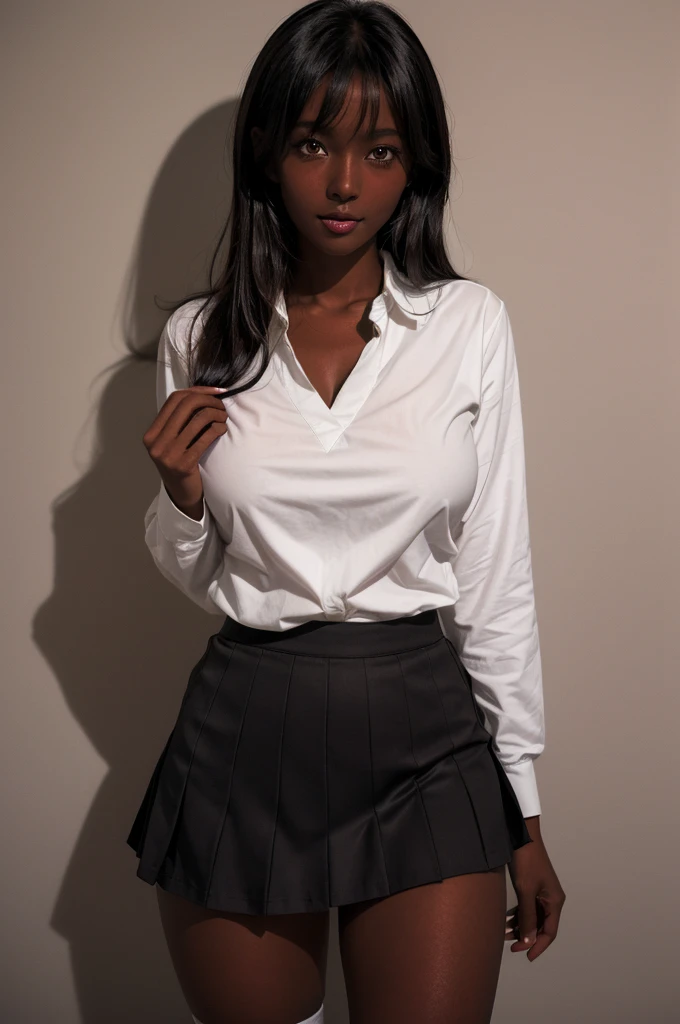 (8k ultra HD quality, best quality, art, high quality, perfect light, absurd, ultra detailed: 1.21, woman, alone, dark-skinned woman, black hair, dark skin, big breasts, sexy, Japanese school costume, portrait, black knee-high socks, sexy student, parted l...