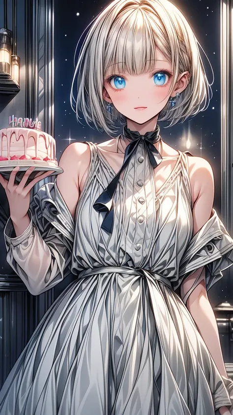 (masterpiece),1 girl with white bob cut hair and right bags side hair,blue eyes,open mouth,slightly blush,night room background,happy,hold a birthday cake,{{detailed hand}}.