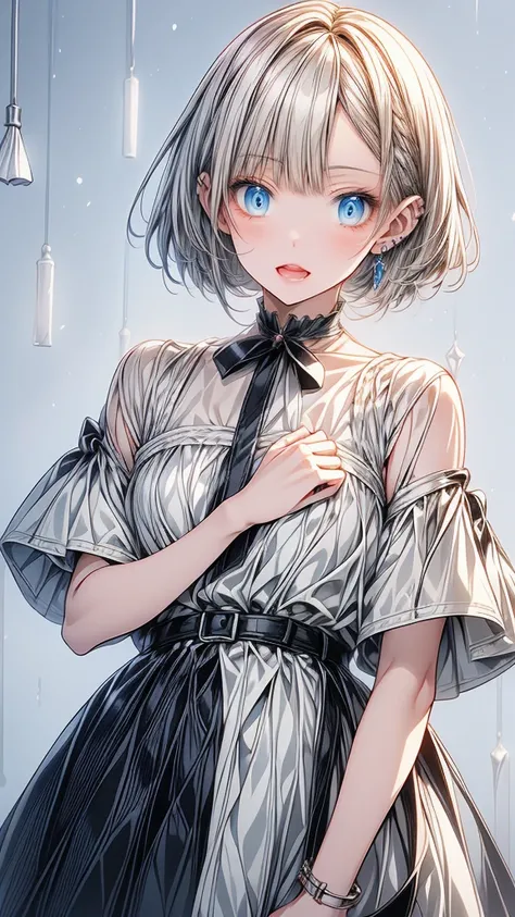 (masterpiece),1 girl with white bob cut hair and right bags side hair,blue eyes,open mouth,slightly blush,night room background,happy,hold a birthday cake,{{detailed hand}}.