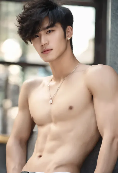 create a handsome 20 year old Chinese guy wearing an unbuttoned shirt and shorts:

He has short black hair with a stylish and messy look. His eyes are almond shaped and dark brown, surrounded by long eyelashes. He has high cheekbones and a strong, square j...