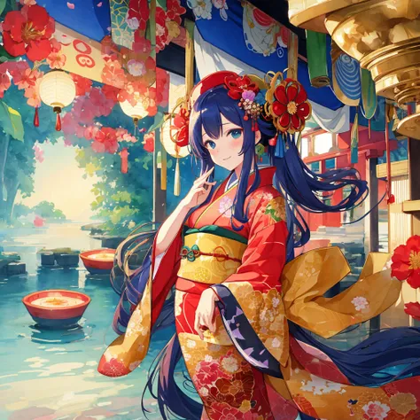 wide angle, front face, water color, Kimono, Long eyelush, many flowers, a Oiran is long hair, Bewitching and decadent atmosphere, Ambiguous and unclear touch, geometric patterns, intricate illustration, gold line, green and deep blue