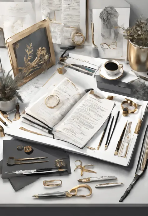 A person working at a clean and organized desk, surrounded by neatly arranged tools and files.