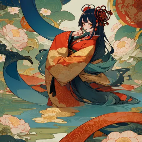 wide angle, front face, water color, Kimono, Long eyelush, many flowers, a Oiran is long hair, Bewitching and decadent atmosphere, Ambiguous and unclear touch, geometric patterns, intricate illustration, gold line, green and deep blue