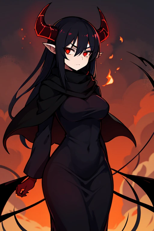 woman demon, dark and sinister aura, long black hair, black dress, black cape, long horns, red glowing eyes, mad furious