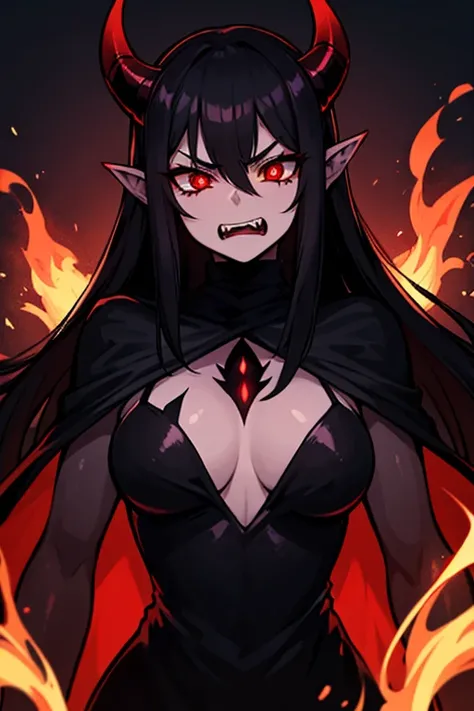 woman demon, dark and sinister aura, long black hair, black dress, black cape, long horns, red glowing eyes, mad furious