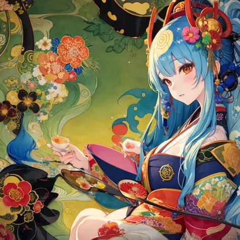 Wide angle, front, watercolor, kimono, long eyelashes, many flowers, oiran with long hair, bewitching and decadent atmosphere, vague and indistinct touch, geometric patterns, complex illustration, golden lines, green and deep blue, futuristic landscape