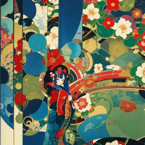 Wide angle, front, watercolor, kimono, long eyelashes, many flowers, oiran with long hair, bewitching and decadent atmosphere, vague and indistinct touch, geometric patterns, complex illustration, golden lines, green and deep blue, futuristic landscape