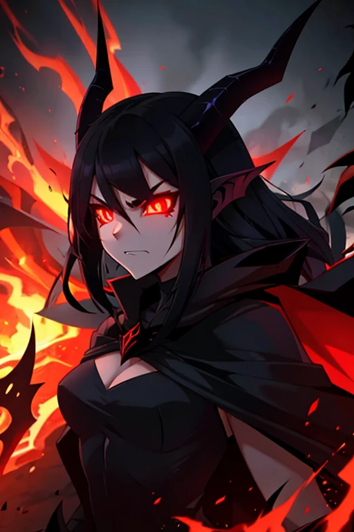 woman demon, dark and sinister aura, long black hair, black dress, black cape, long horns, red glowing eyes, mad furious