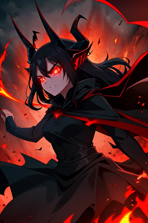 woman demon, dark and sinister aura, long black hair, black dress, black cape, long horns, red glowing eyes, mad furious