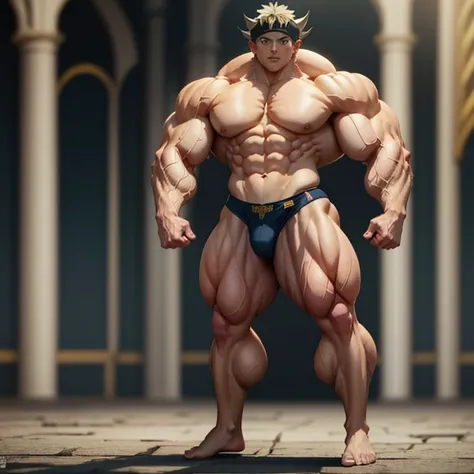 Anime, High quality full body image of asta as a bodybuilder in a tight thong, ohne Schuhe, Feet, bare Feet, massive muscular body, huge muscular shoulders, Massive big biceps, Venen im Bizeps, Muskelbeine, massive muscular abs, Bizepsflex. posierend, er s...