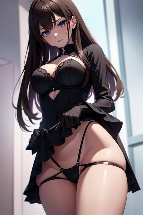 one Rebecca wearing black lingerie, long brown hair, blue eyes, sexy hourglass figure, sadistic look, view from below her, [ 4 k digital art ]!!, seductive anime girl, deviantart artstation cgscosiety, trending on cgstation, 8k high quality detailed art, p...