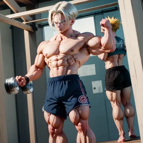 (Eine detaillierte Zeichnung von Trunks, bodybuilding gym.), shirtless, barefoot