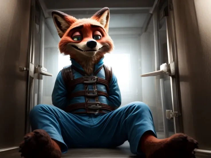 in a dark and eerie asylum, a hypnotized nick wilde sits imprisoned in a padded cell, his bare feet and detailed paws visible as...