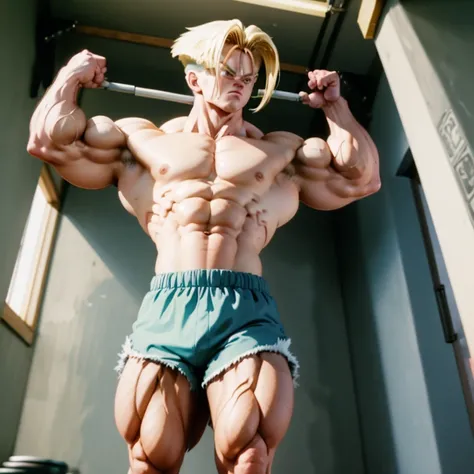 (Eine detaillierte Zeichnung von Trunks, bodybuilding gym.), shirtless, barefoot