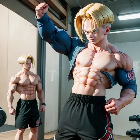 (Eine detaillierte Zeichnung von Trunks, bodybuilding gym.), shirtless, barefoot