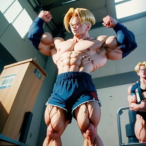 (Eine detaillierte Zeichnung von Trunks, bodybuilding gym.), shirtless, barefoot