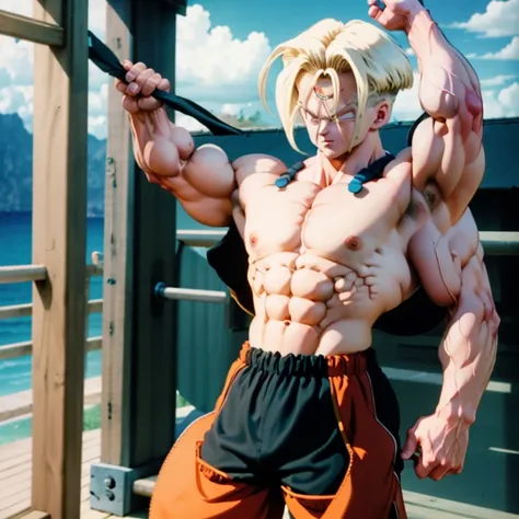 (Eine detaillierte Zeichnung von Trunks, bodybuilding gym.), shirtless, barefoot