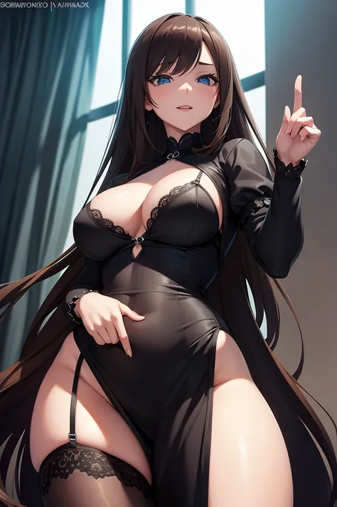 one Rebecca wearing black lingerie, long brown hair, blue eyes, sexy hourglass figure, snapping with middle finger and thumb, laughing sadistically, view from below her, [ 4 k digital art ]!!, seductive anime girl, deviantart artstation cgscosiety, trendin...