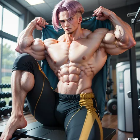 (Eine detaillierte Zeichnung von Trunks, bodybuilding gym.), shirtless, barefoot