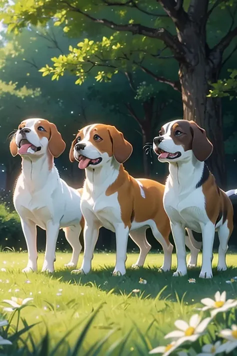 3 beagles frolicking in the park, verdant grass glistening with dew, seasoned canines with white fur