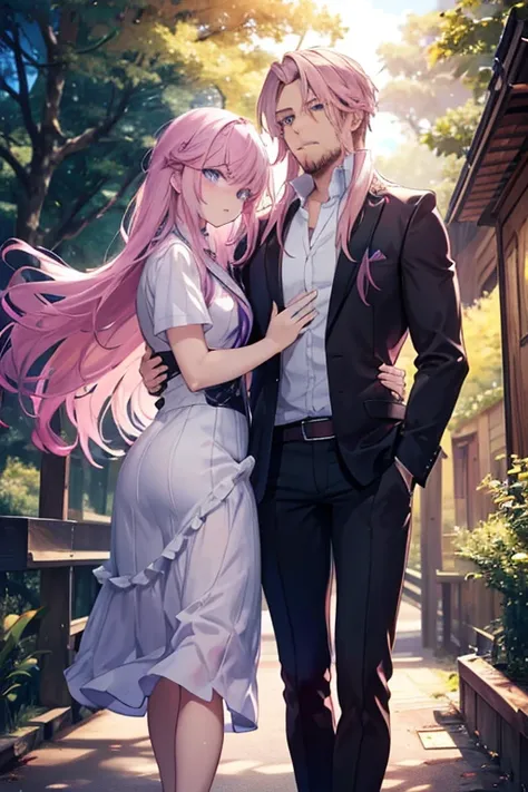 a muscular blonde haired man with blue eyes with long hair and a dark beard is walking through the forest with a pink haired wom...