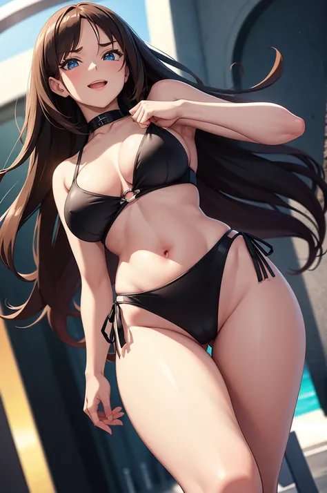 one Rebecca wearing a black bikini, long brown hair, blue eyes, sexy hourglass figure, holding up an L with her thumb and index finger, laughing sadistically, view from below her, [ 4 k digital art ]!!, seductive anime girl, deviantart artstation cgscosiet...