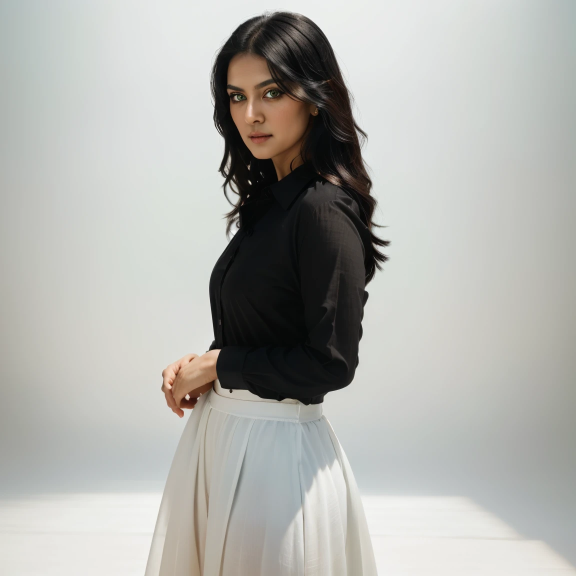 ront view, looking at camera, RAW photo,((black shirt:1.2)), ((portrait)),beautiful black hair 30 years old woman, green eyes, perfecteyes eyes, ((white background:1.2)), studio lighting, high quality, film grain, Fujifilm XT3, centralized