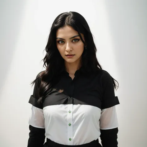 ront view, looking at camera, RAW photo,((black shirt:1.2)), ((portrait)),beautiful black hair 30 years old woman, green eyes, perfecteyes eyes, ((white background:1.2)), studio lighting, high quality, film grain, Fujifilm XT3, centralized