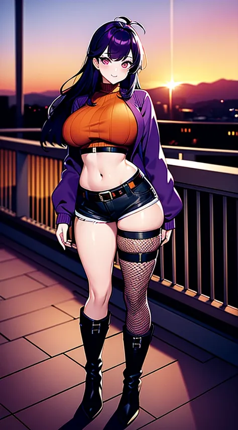 (masterpiece), high-definition, vibrant colors, korean girl, big boobs, big hips, messy dark purple hair, orange eyes, crop top sweater, jacket, shorts, belt, thong, thigh high stockings, boots, fishnet, balcony, leaning on the railing, sunset