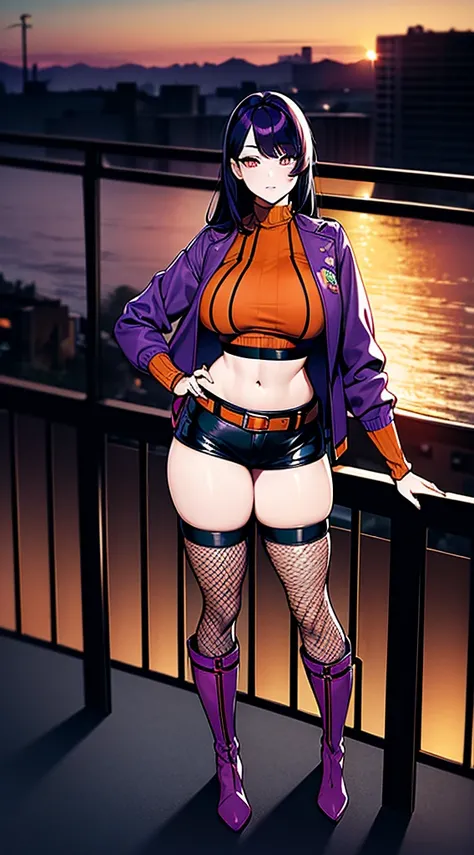 (masterpiece), high-definition, vibrant colors, korean girl, big boobs, big hips, messy dark purple hair, orange eyes, crop top sweater, jacket, shorts, belt, thong, thigh high stockings, boots, fishnet, balcony, leaning on the railing, sunset