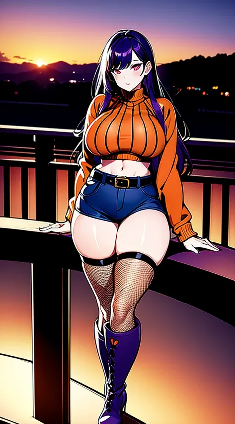 (masterpiece), high-definition, vibrant colors, korean girl, big boobs, big hips, messy dark purple hair, orange eyes, crop top sweater, jacket, shorts, belt, thong, thigh high stockings, boots, fishnet, balcony, leaning on the railing, sunset