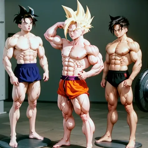 (Eine detaillierte Zeichnung von gohan, bodybuilding gym.), shirtless, barefoot
