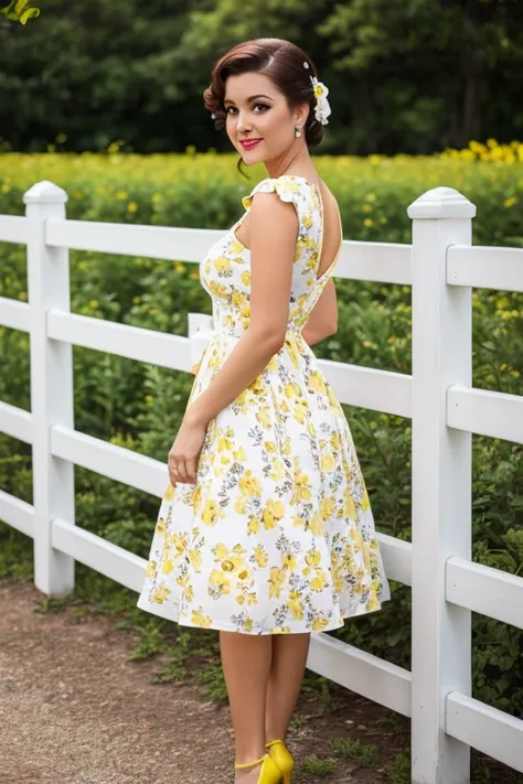 Best quality, woman, 40´s pinup style, floral white and yellow fence dress, florish