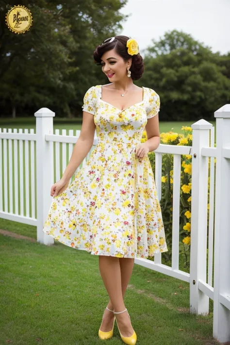 Best quality, woman, 40´s pinup style, floral white and yellow fence dress, florish