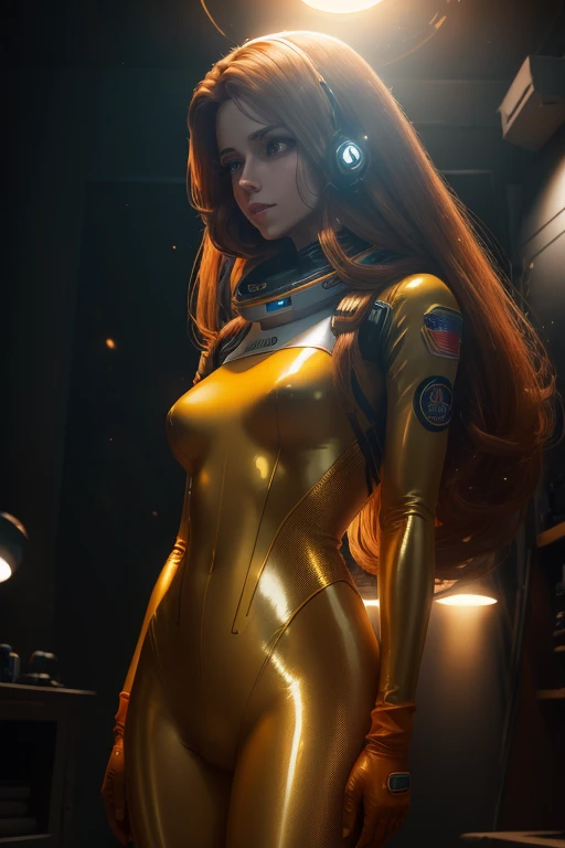 (best quality,8k:1.2,high resolution:1.2),ultra-detalhado,Realistic,retro science fiction female astronaut,very long red hair,rosto extremamente detalhados,long eyelashes,all sheer gold Collant de nylon Apertado,orange pantyhose,gloves,Glossy plastic acces...