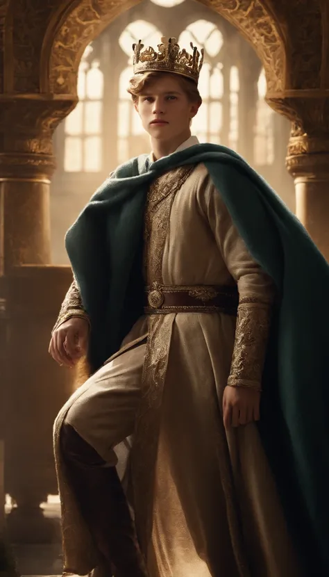 Middle Ages, A 16-year-old boy king wearing a crown is standing, he is the king of denmark, the king is smiling slyly, His background is his last name., The subjects standing behind are frowning., cinematic, Photo shoot, 반 backlight, backlight, dramatic li...