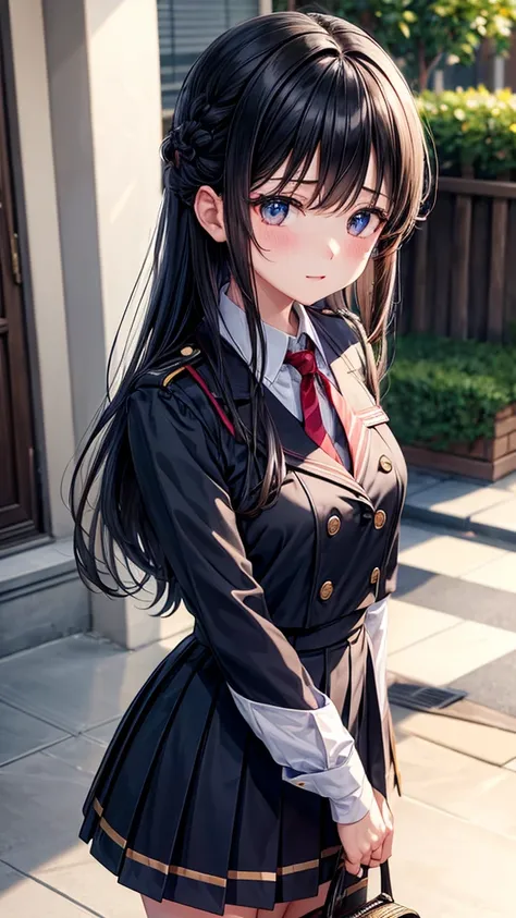 tie、black hair、slightly reddish eyes、very big stripes々A girl wearing a ribbon on the back of her head、chest、black uniform、female primary school student、girl looking behind