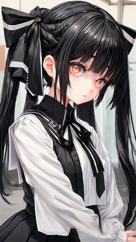 tie、black hair、white eyes、very big stripes々A girl wearing a ribbon on the back of her head、chest、black uniform、female primary school student、girl looking behind、Watery eye