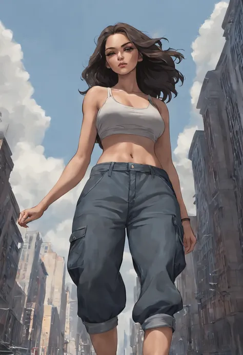 "A towering Giantess in a cool and laid-back hippie style is rocking a crop top and baggy pants. Her toned and athletic build hints at her massive strength. She seems to be casually strolling through the bustling cityscape of GTS City, as towering building...