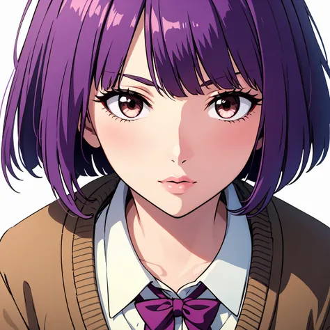 Purple hair, brown eyes, Bob cut, cardigan uniform, anime style, young adult, plain background, white background, {1 girl}, (close up), pink lips, symmetrical composition