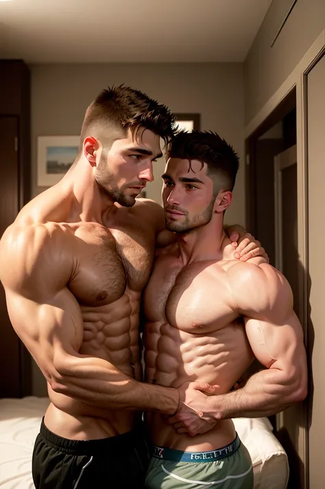 shirtless Andrew Walker, and shirtless Tim Tebow, in bulging underwear, holding each other, and kissing in a bedroom at night