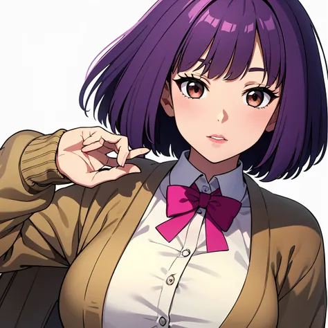 Purple hair, brown eyes, Bob cut, cardigan uniform, anime style, young adult, plain background, white background, {1 girl}, (upper body), pink lips, b-cup breast, center alignment