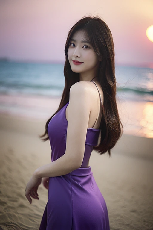 Long hair to waist,Chinese beauty,20 years old,Height 160,Weight 40kg,fairer complexion,Oval face,Deep facial features,Wearing a purple one-piece low-cut skirt,D cup,reddish hair,Smile,Half body photo,Beach sunset in the background