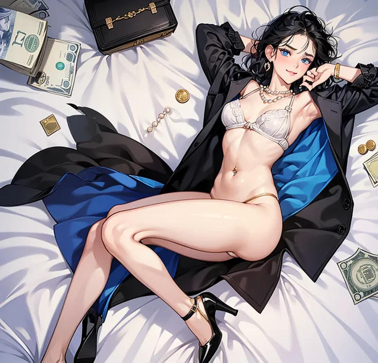 Masterpiece, hyper detailed 8k, perfect anatomy, lying, 2rich Short black haired girls nude, money and gun on bed, looking at viewer, slender body, blue eyes, tongue out, flashing Pussy, showing Titties, seductive blush smiling, arms up, from below, young ...