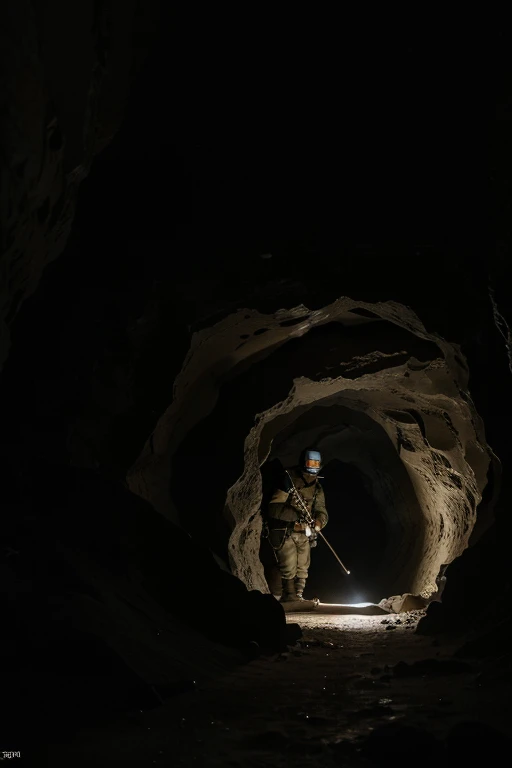 a group of Dutch masked soldiers dig a narrow dark cave, very dark cave, narrow cave, using flashlight, best quality, 4k, 8k, highres, masterpiece, ultra-detailed, realistic