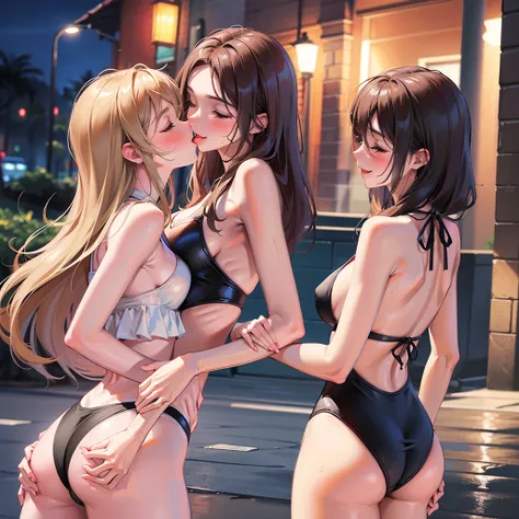 swimsuit beautiful breasts lesbian kissing kiss lips blush two-dimensional girl wet height_difference timid shy tongue reluctant night closed_eyes big_ass hand_on_ass ass_grab