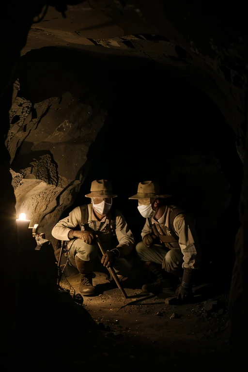 a group of Dutch masked soldiers digging a narrow dark cave, very dark cave, 1940s, narrow cave, using flashlight, best quality, 4k, 8k, highres, masterpiece, ultra-detailed, realistic