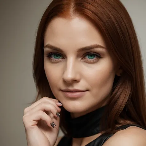 Girl with red hair, ist im Club , wears a black dress, weiches, lockiges, intensiv rotes Haar, klare, real green eyes, lange dunkelschwarze echte Wimpern, Perfekt geformte dunkelschwarze echte Augenbrauen, dark caramel brown genuine leather, kurvige Figur,...